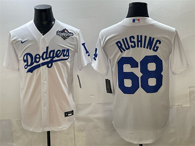 Men's White Los Angeles Dodgers #68 Dalton Rushing 2025 World Series Patch Cool Base Stitched Baseball Jersey